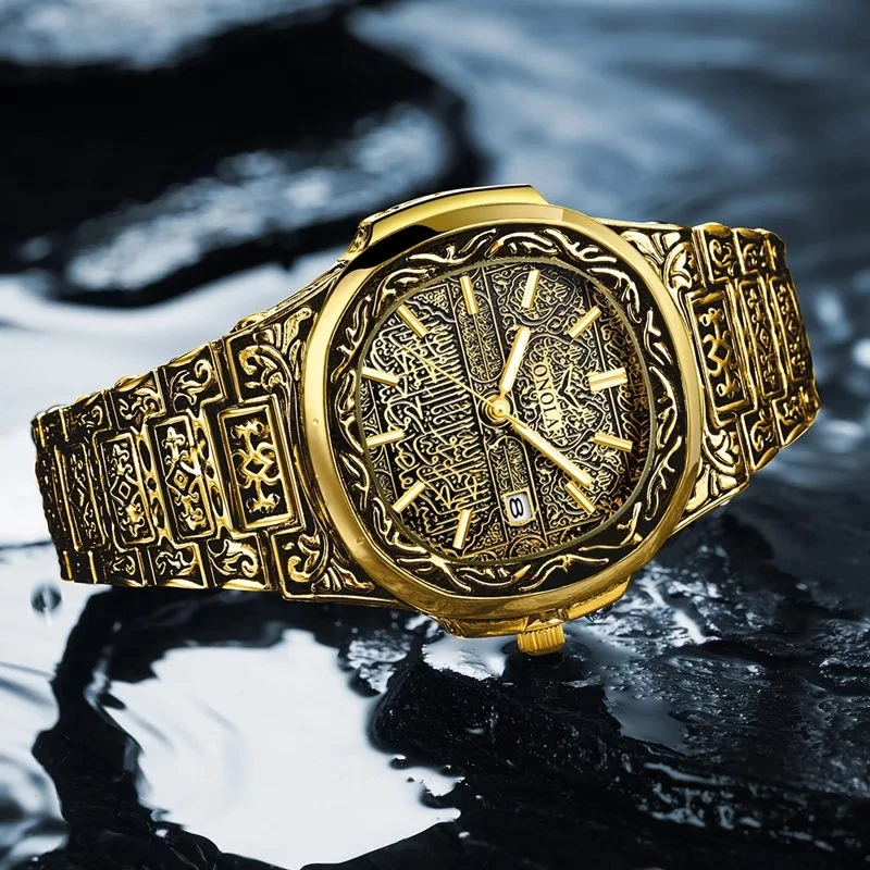
Onola Brand Watch 3808 Vintage Mens Engraved Metal Alloy Quartz Analog Clock gold watches men luxury Male Military Wristwatch 