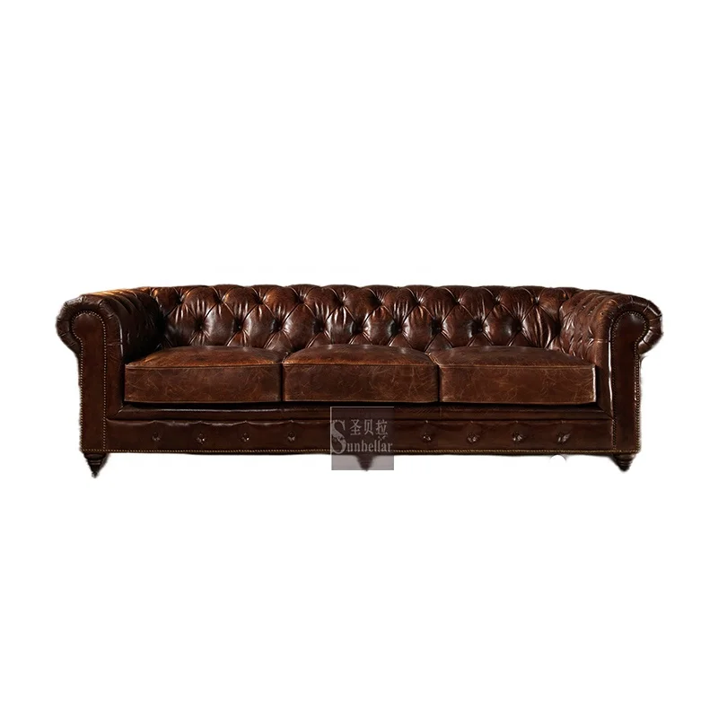 antique high quality genuine leather sofa luxury living room rustic tan leather chesterfield sofa set with tufted buttons