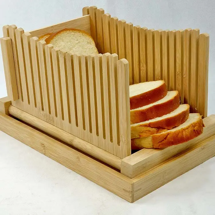Eco - friendly Bamboo wood foldable Bread Slicer And Removable Bread Cutting Board with crumbs tray