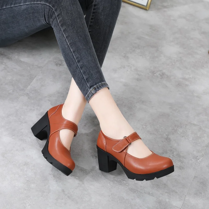 2024 New Styles Mary Janes  Women  Chunky Sole Shoes Fashion Ladies Round Toe High Heels Shoes women lace up office lady pump