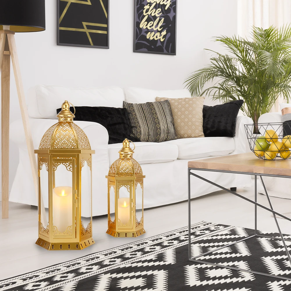 Set Of 2 Moroccan Gold Metal Candle Lantern Hanging Portable Glass Lantern For Indoor Home Holiday Decor