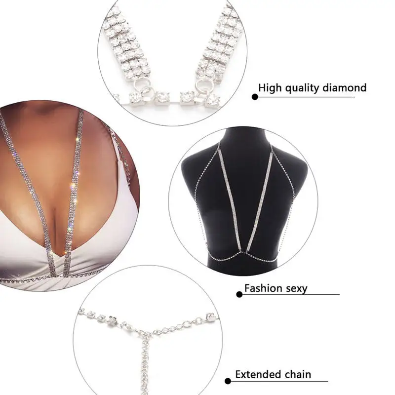 Wholesale Crystal Sexy Bra Chest Chain Shinning Rhinestone Beach Bikini Belly Chain Women Fashion Jewelry Body Chain