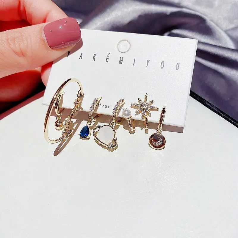 Korean blue diamond water drop Saturn moon ear buckle miscellar 6-Piece Earring set