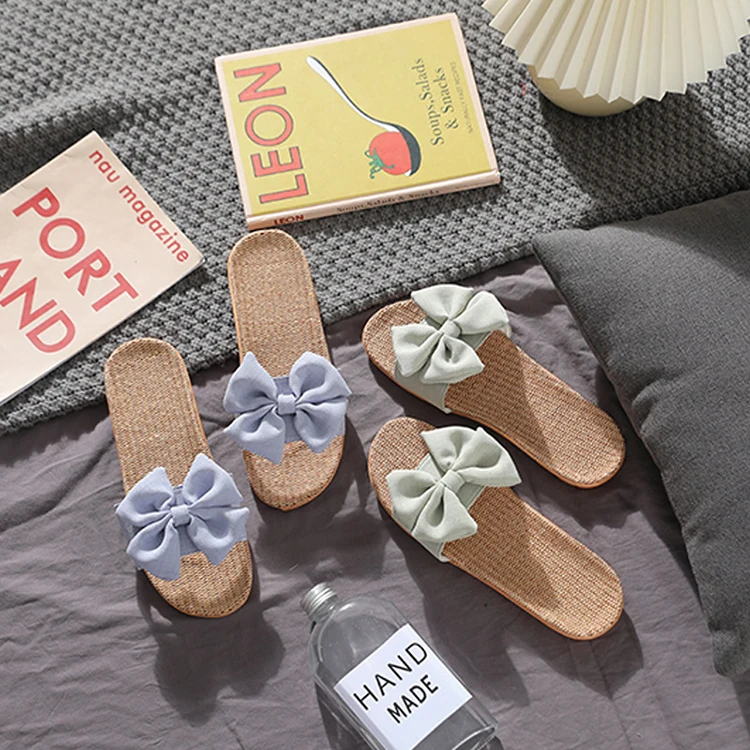 New Design Summer Cool Lovely Bow Spinning Breathable Outdoor Beach Flax Linen Slippers Wholesale