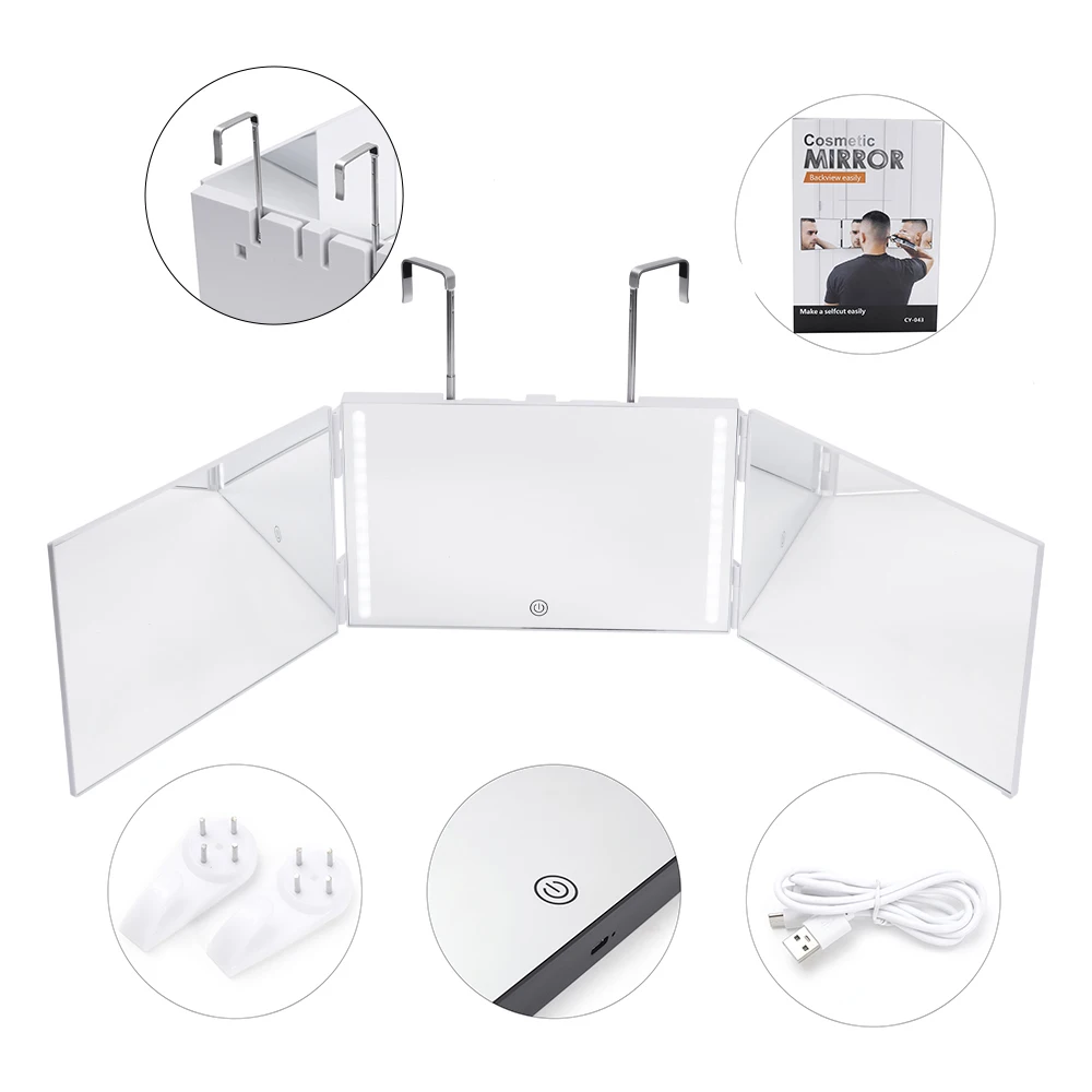 Retractable and Adjustable Led Cosmetic Mirror Portable Self Barber Hanging Three