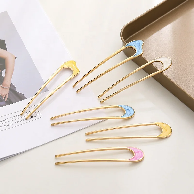 Custom 2 prong updo oil drop gold plated branch sticks French hair forks clips shiny matte hairpin ladies metal u shape hair pin