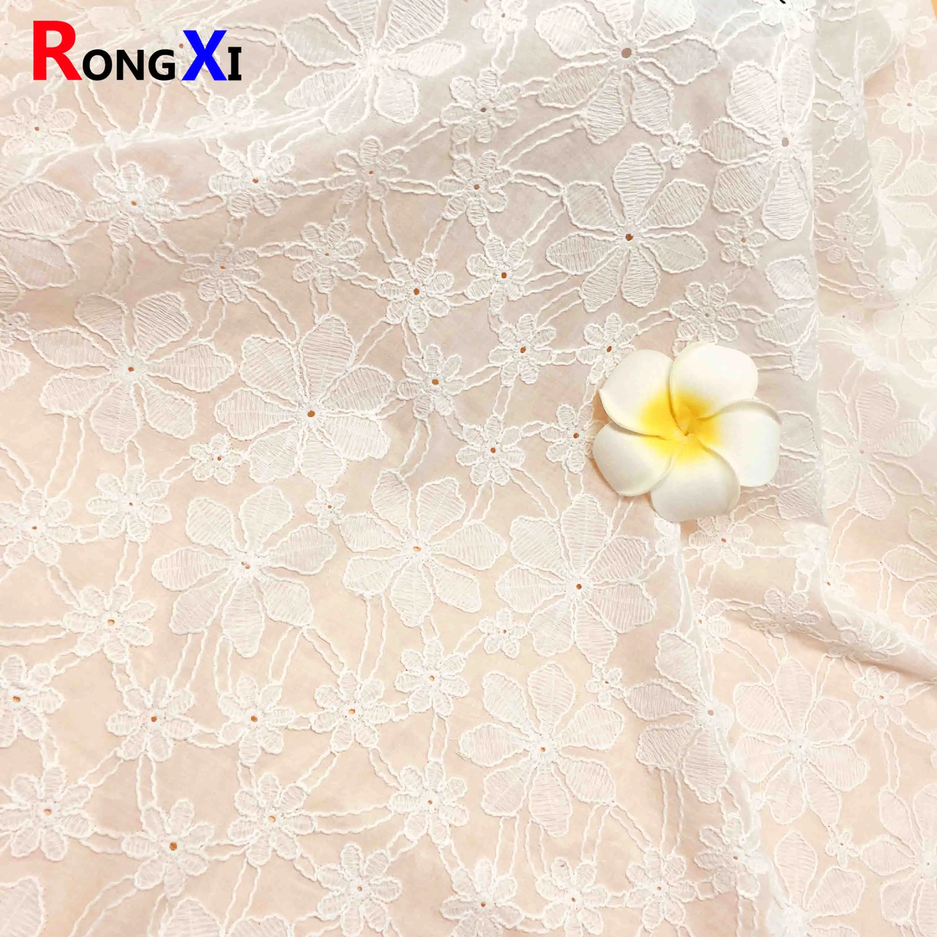 Wholesale RXF2207  Eyelet White Cotton Guipure Lace Fabric Embroidery Fabric with Backbone Line