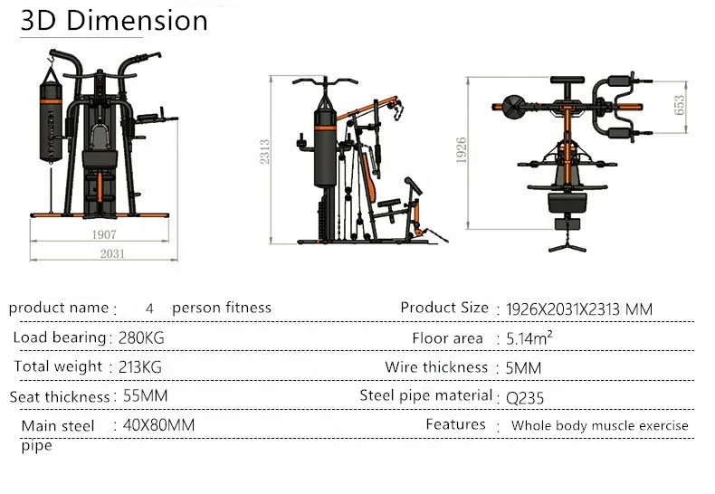 
China Manufacture Multi Station Home Gym 3 Station Machine, Factory Price Multifunctional Rack Fitness Station Gym Equipment 