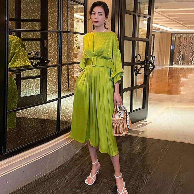 TWOTWINSTYLE Elegant Dress for Women Sashes Lace up Midi Dresses Female 2022 Fashion Clothing New Summer Casual Dresses Woven