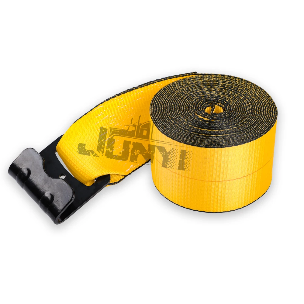 Hot sale 5400lbs  flat hook tie downs cargo lashing control yellow standard 4 inch winch strap for flatbeds