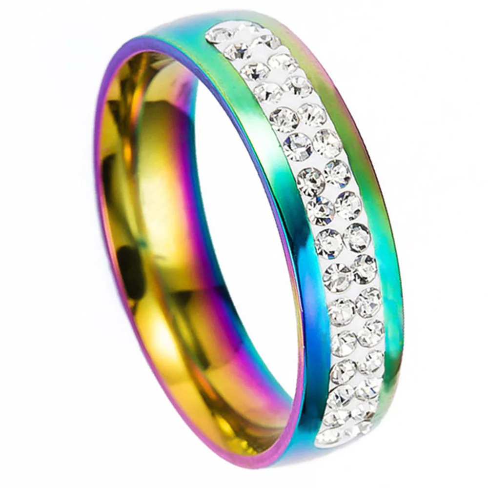 High Quality CZ Rainbow Baguette Ring Zirconia Diamond Ring Gold Plated Women Men Rappers Jewelry