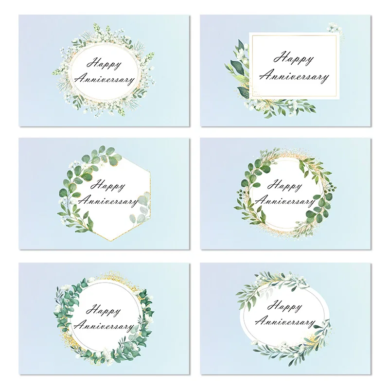 6PCS Blessing Card Envelope Set Green Leaves Hydrangea Wreath Decorating Anniversary Greeting Cards