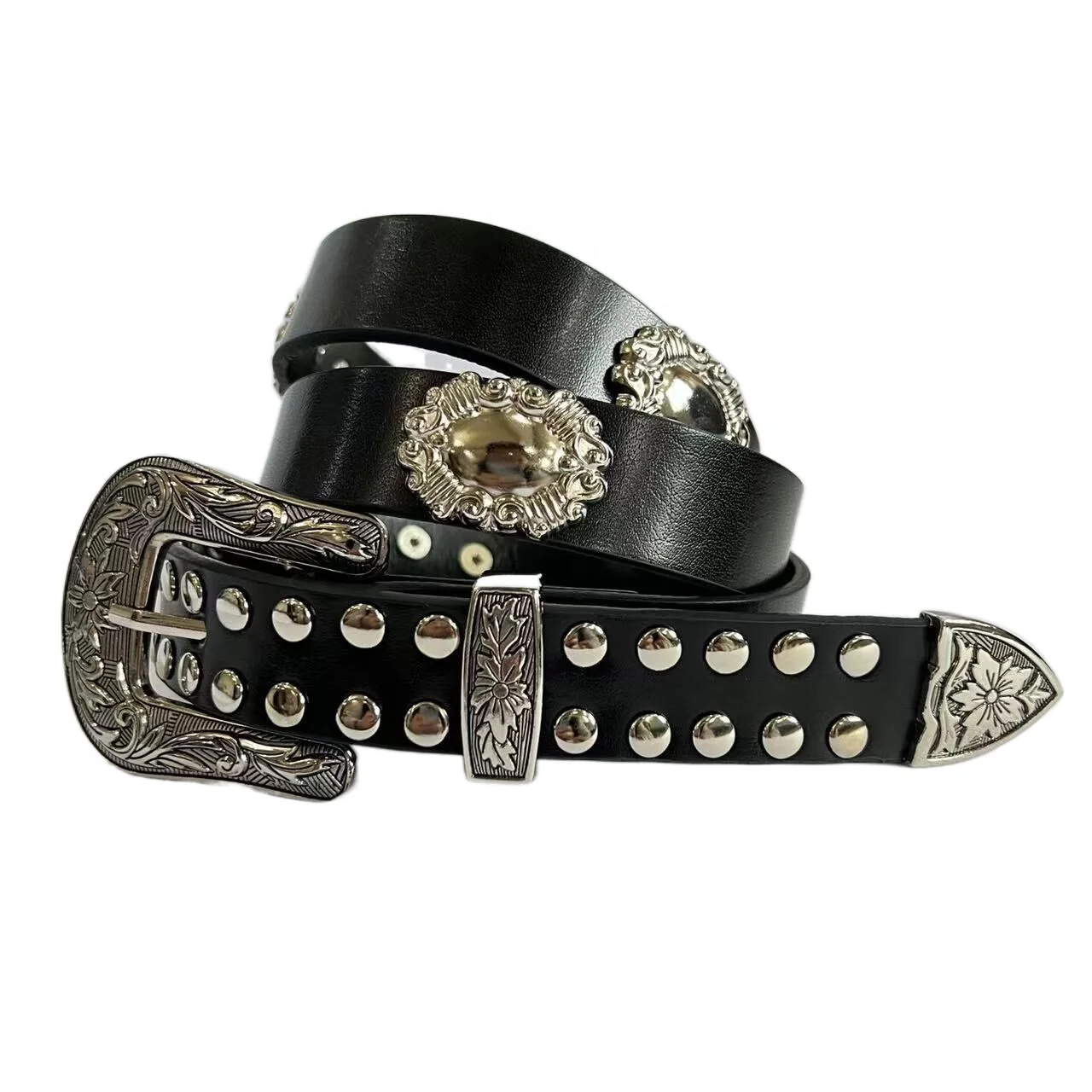 Western Cowboy Cowgirls Belts with Shiny Nickel Color Conchos Punk Studded Rivets Belts by Three set Buckles