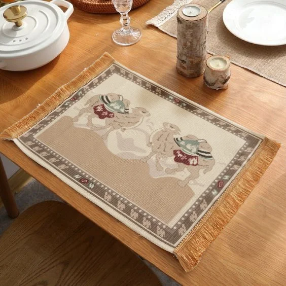 New Bohemian Style Woven Rectangle plastic Mats Digital Printing Tassel Edge Table Mat For Dining Table