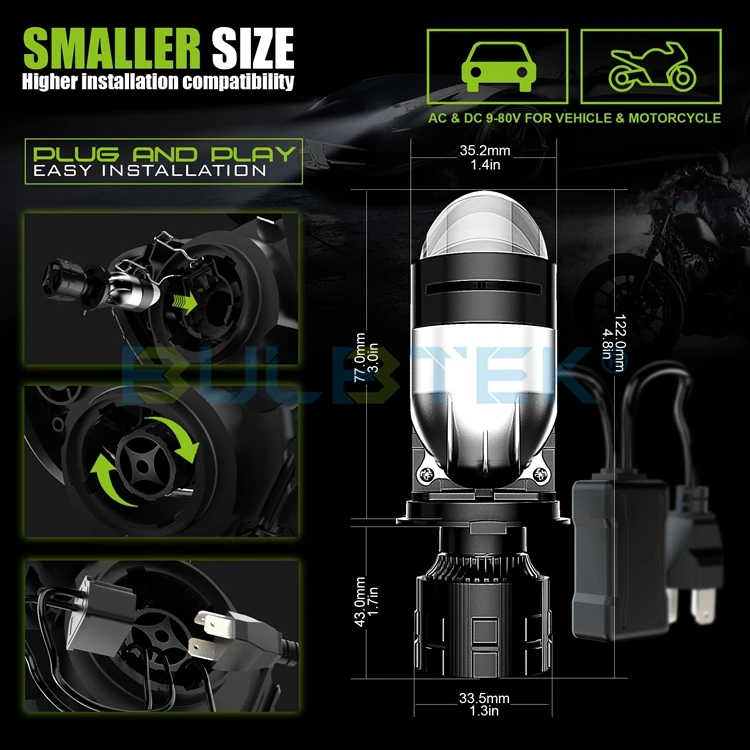 BULBTEK AM01 Popular Car Accessories H4 Car LED Projector Lens 150W Auto Lighting System LED H4 Mini BiLED Lens Headlight Bulb