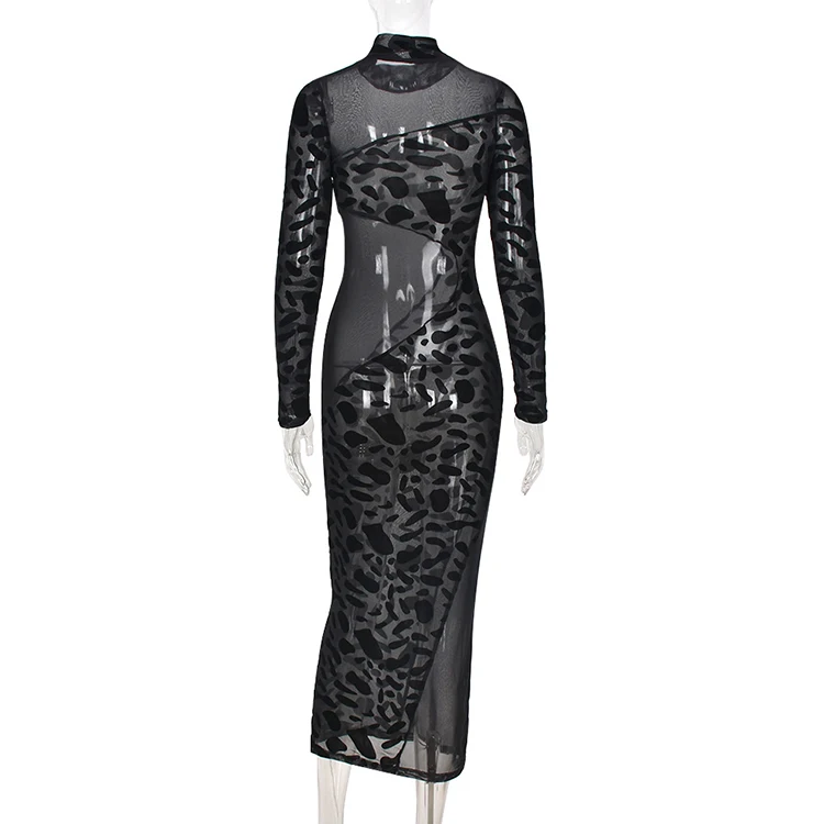 2021 Women Fall Seductive Club Wear Black Patchwork Flocking Mock Neck Long Sleeve Perspective Bodycon Maxi Dress