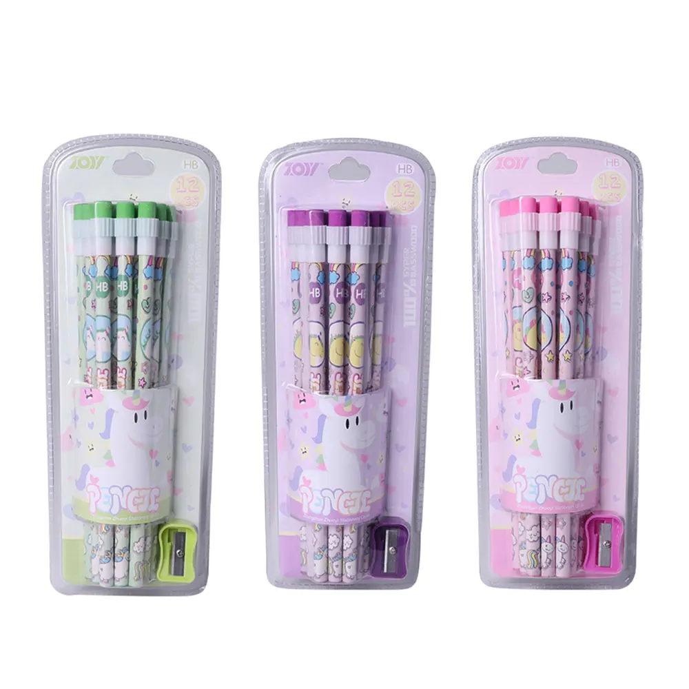 Topsthink Cartoon Printed Personalised Pencil custom Printed Pencil Brand HB Wooden Pencil with Eraser Sharpener Set