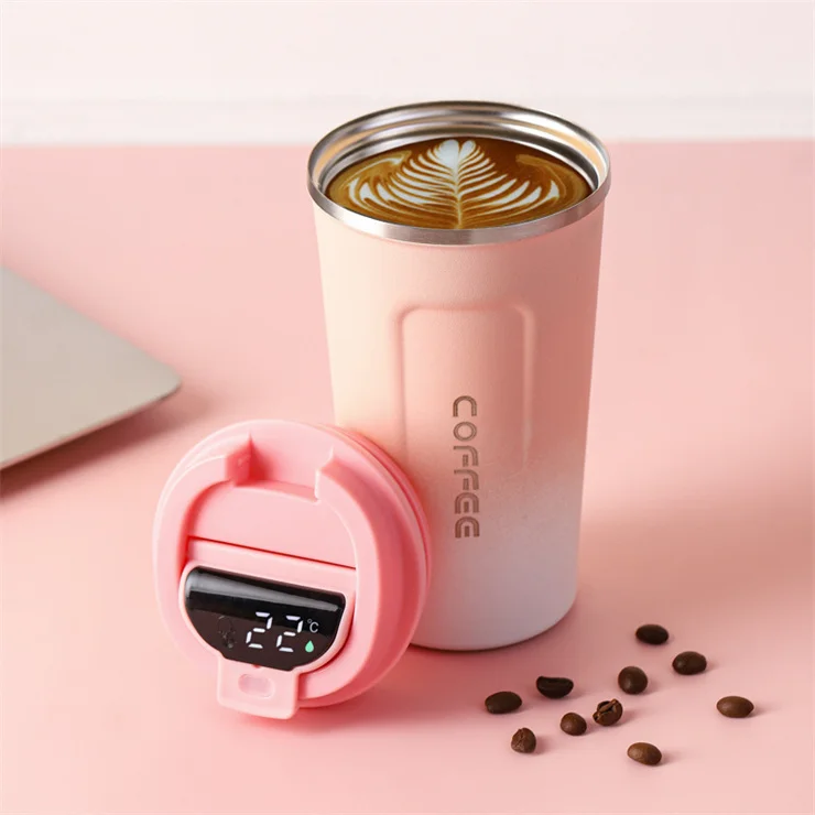 Insulated bulk thermal travel metal black coffee mugs, 500ml led lid smart cup travel thermo temperature display mug