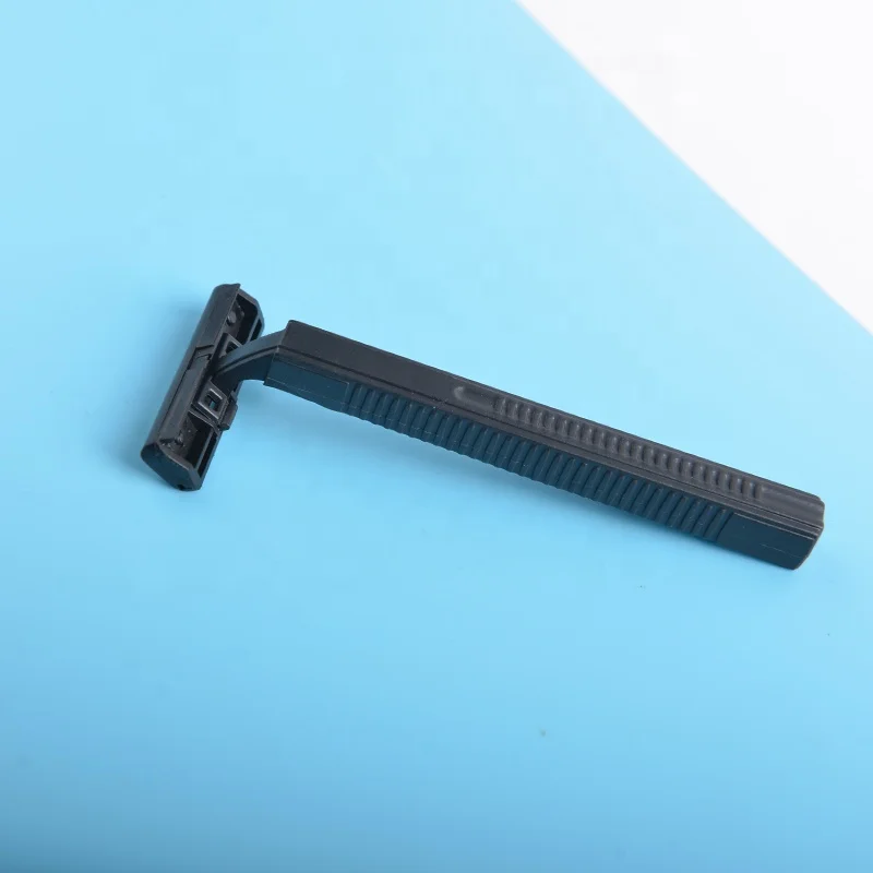 Cheap razor is black color plastic handle and shaving blades stainless steel shaver on blade.