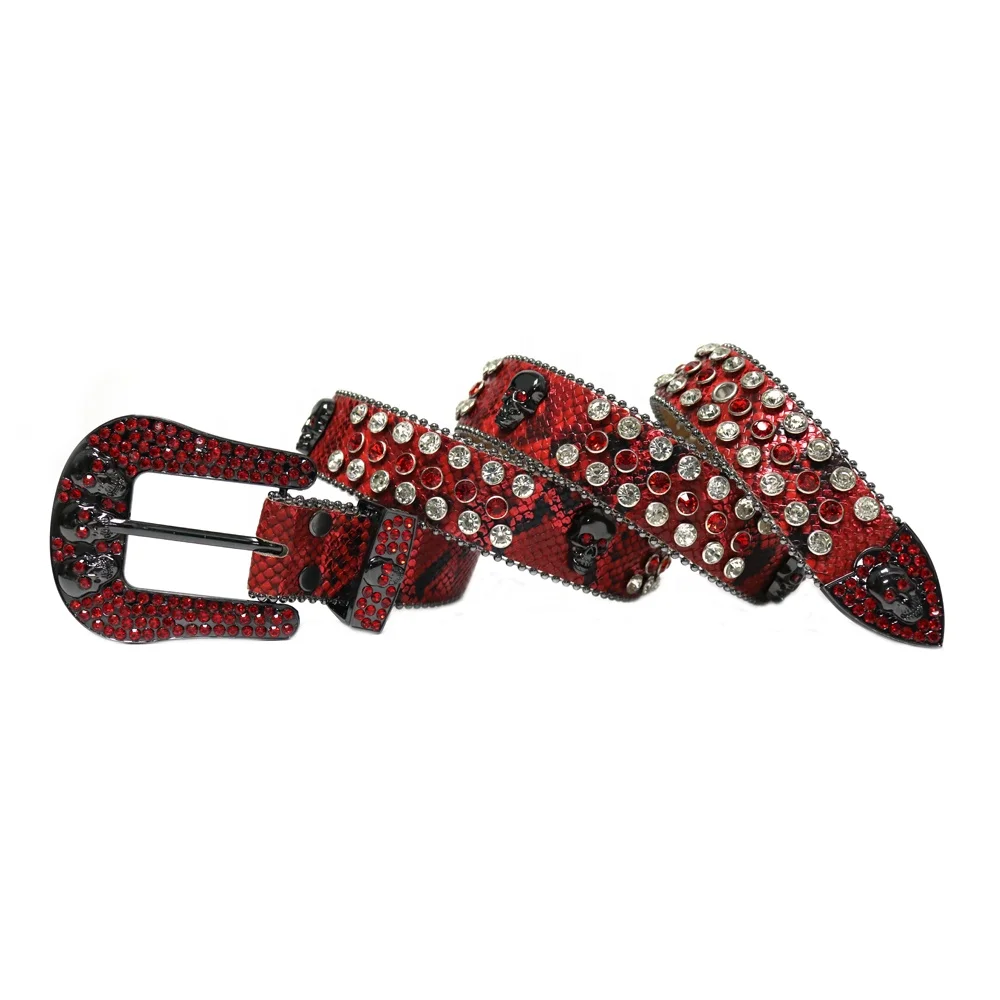 Retro Classical Western Bling Bling Rhinestone Skull Belts Buckle Studded Skull Red Rhinestones Belt Men