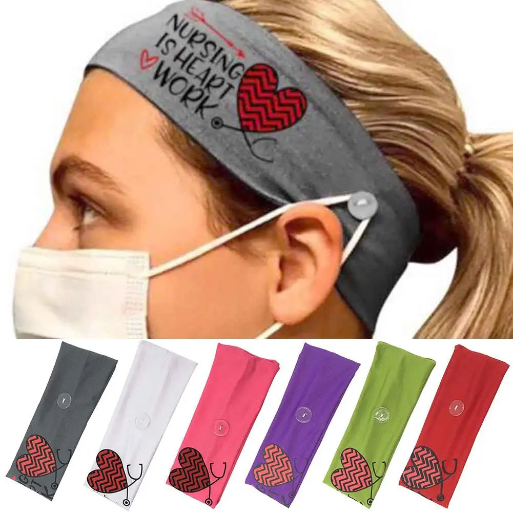 
Elastic Hair Band Fashion Women Print Heart letters Turban Nurse head wrap Headband with button for Nurses Women facemask holder 
