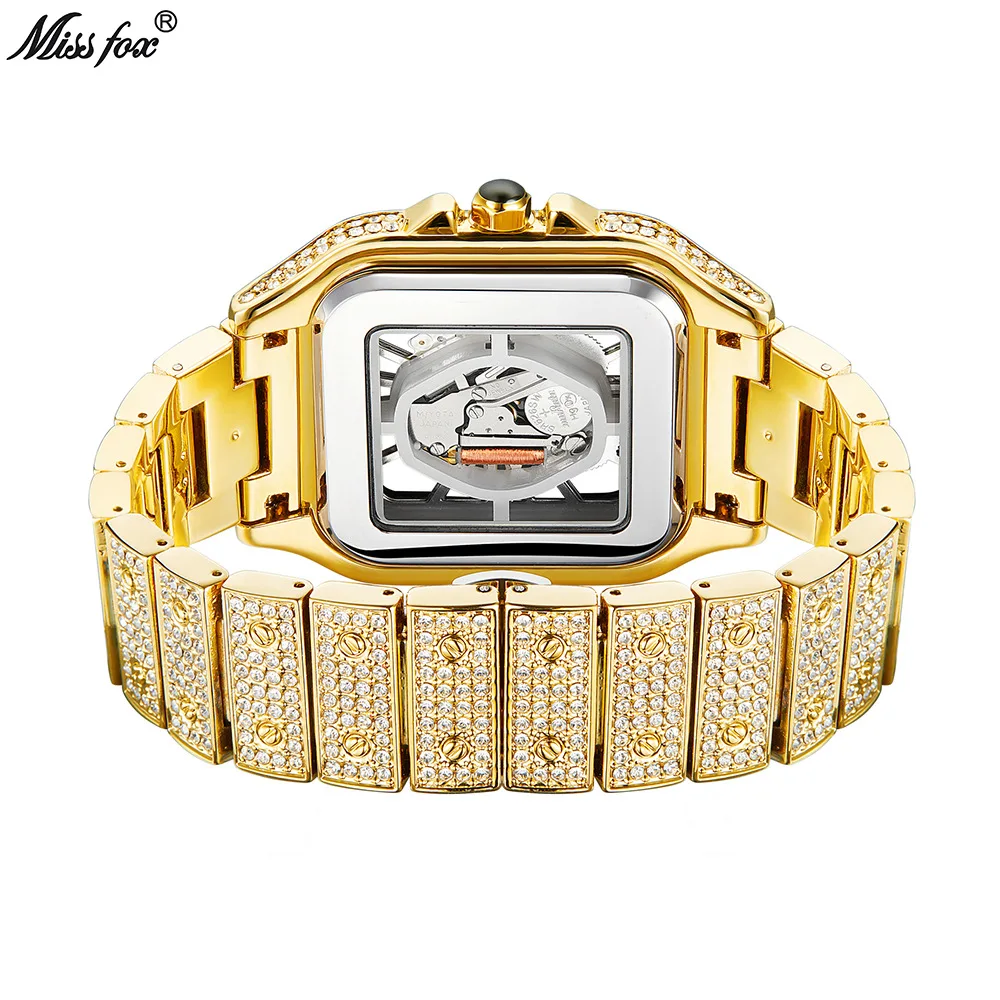 New trendy design double-sided transparent hollow out diamond hip-hop Japanese quartz movement missfox watches for men party