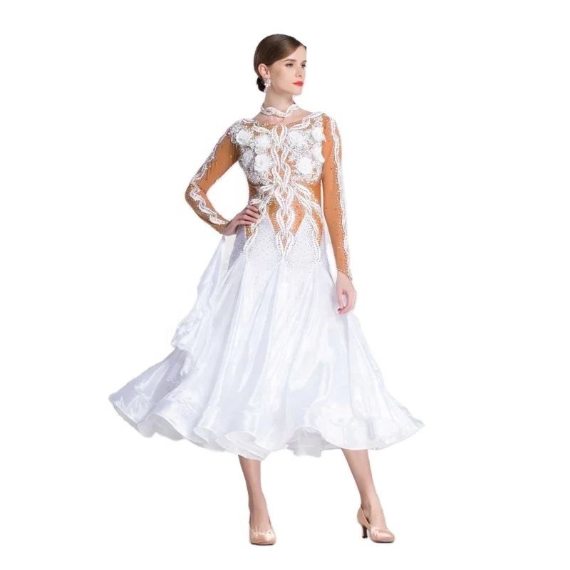 B-18422 Tailor made high-end ballroom dance dresses competition high quality modern dance dress with pearl silk skirt for adult
