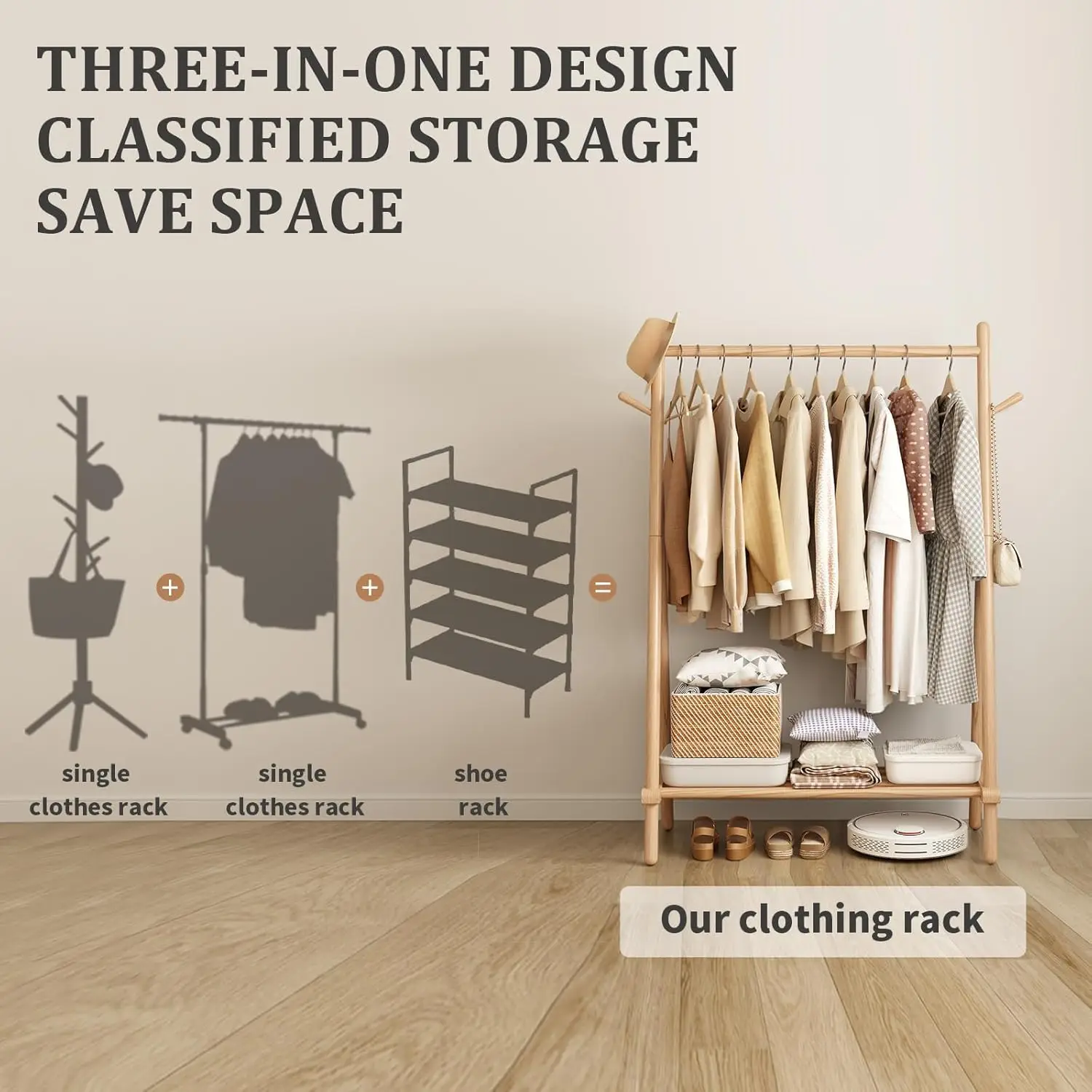Solid Wood Clothes Rack, Clothing Rack with Shelf and Hook, Sturdy and Portable, Garment Rack for Hanging Clothes,Coats