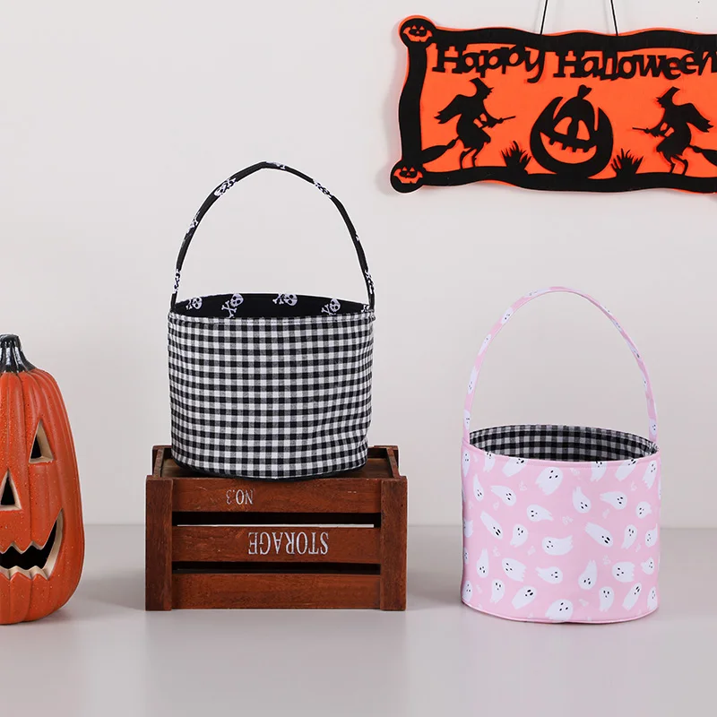 Wholesale Cute Kids Gingham Trick Or Treat Candy Bucket Reversible Ghost Halloween Basket