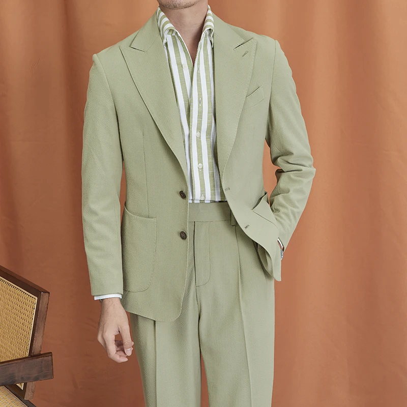 2024 New Spring High Quality Seersucker Pea Green Draped Naples Casual Suit Single Breasted Dual Vents Peaked Lapel Suit for Men