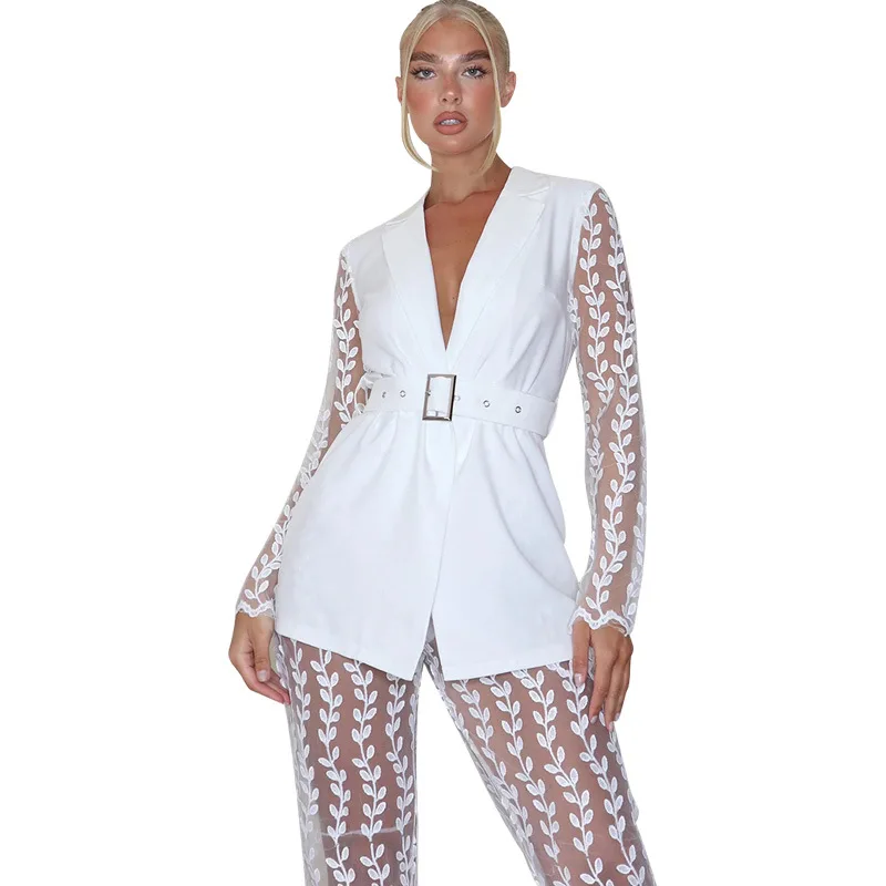 New Arrivals Mesh Lace Floral Long Sleeve Belted Top Blazer Flared Pants Sexy Two Piece Sets For Women