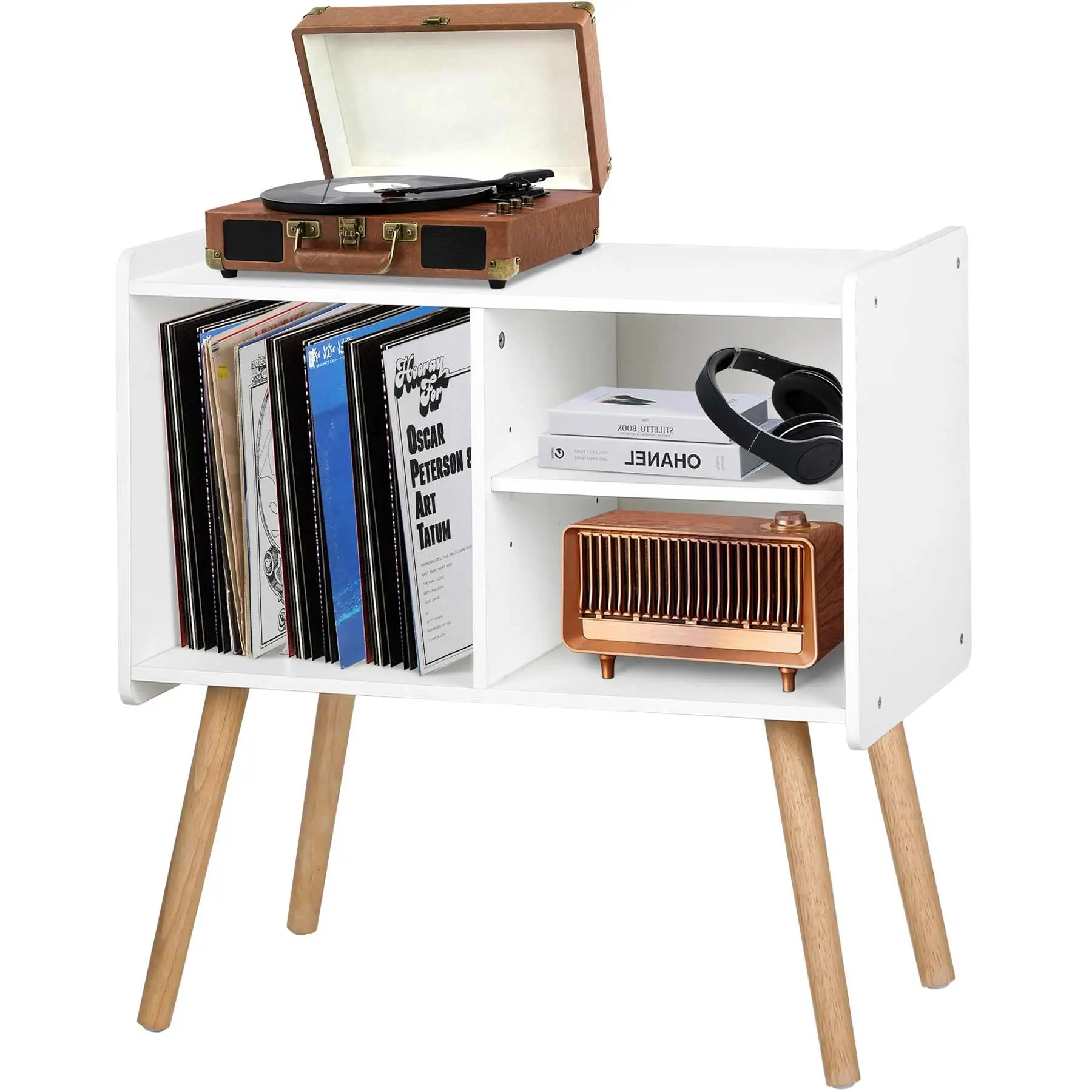 Wooden Record Player Stand Vinyl Record Storage Holder Table with 4 Cabinets Metal Vinyl Record Organizer Stand