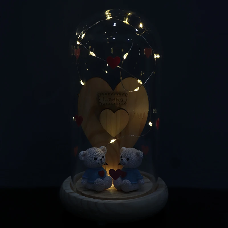 Wholesale Artificial Lovers Bear Glass Dome Glass Dome Decorative With Base Birthday Gifts In Glass Dome