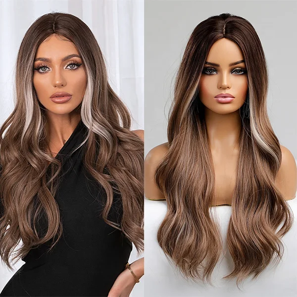 BVR wholesale Wig synthetic hair High Quality Heat Resistant fiber long wavy brown mixed Synthetic Wigs for daily