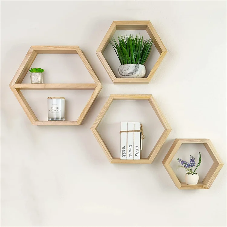High quality extra large 4 pcs paulownia wood hexagon wall shelf honeycomb wooden floating shelves