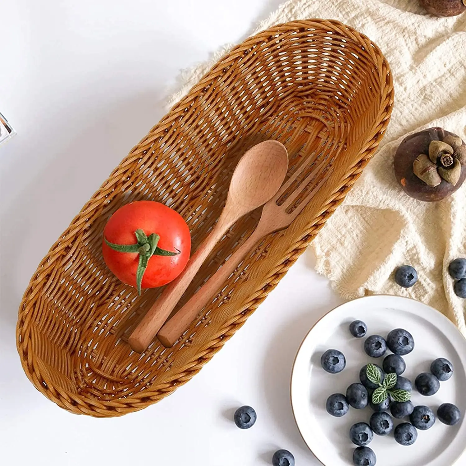 Wholesale Hand-woven Customs Supermarket Display Fruit and Vegetable Storage Display Square PP Plastic Rattan Basket Tray