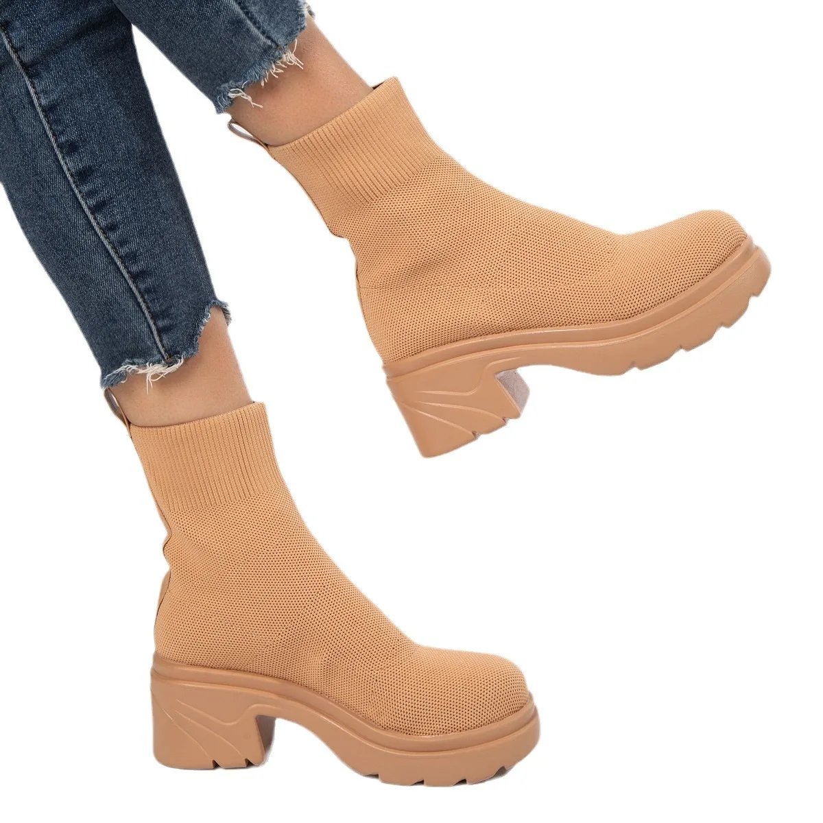 Women Boots Slip On Western Ankle Boots Platform Knitted Ladies Autumn Socks Boots For Women Fashion Female Booties Shoe Winter