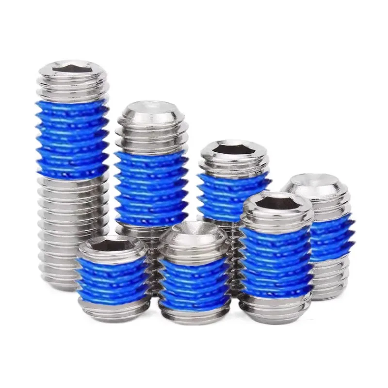 Wholesale Stainless Steel nylon thread locking Grub screws concave end Cup Point Set Screw with blue nylon locker