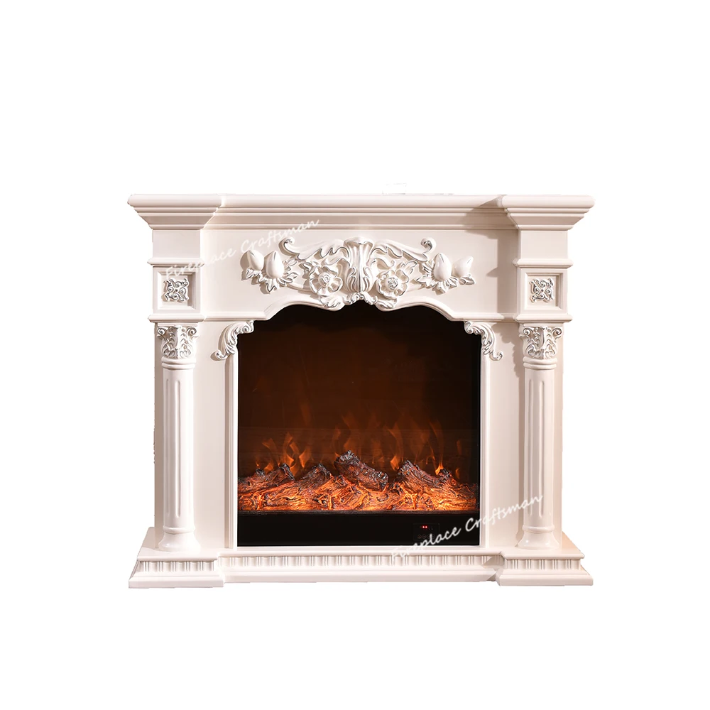 Luxury Decor E0 MDF White Flower Carve Indoor Free Standing Artificial Electric Fireplace Mantel