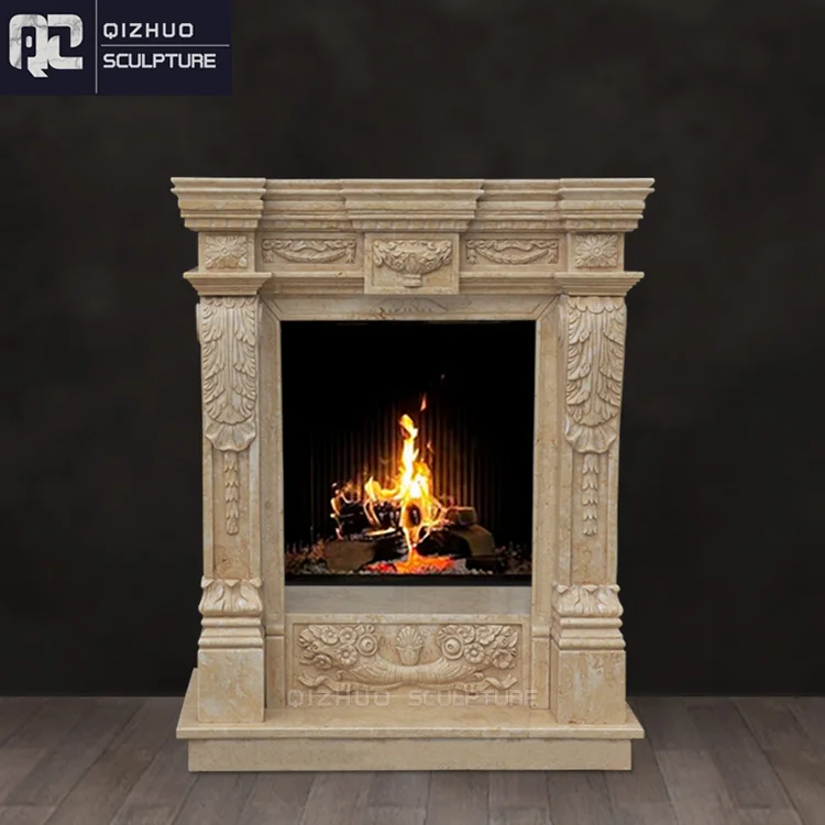 french style antique handcarved home used egypt cream travertine marble fireplace mantel