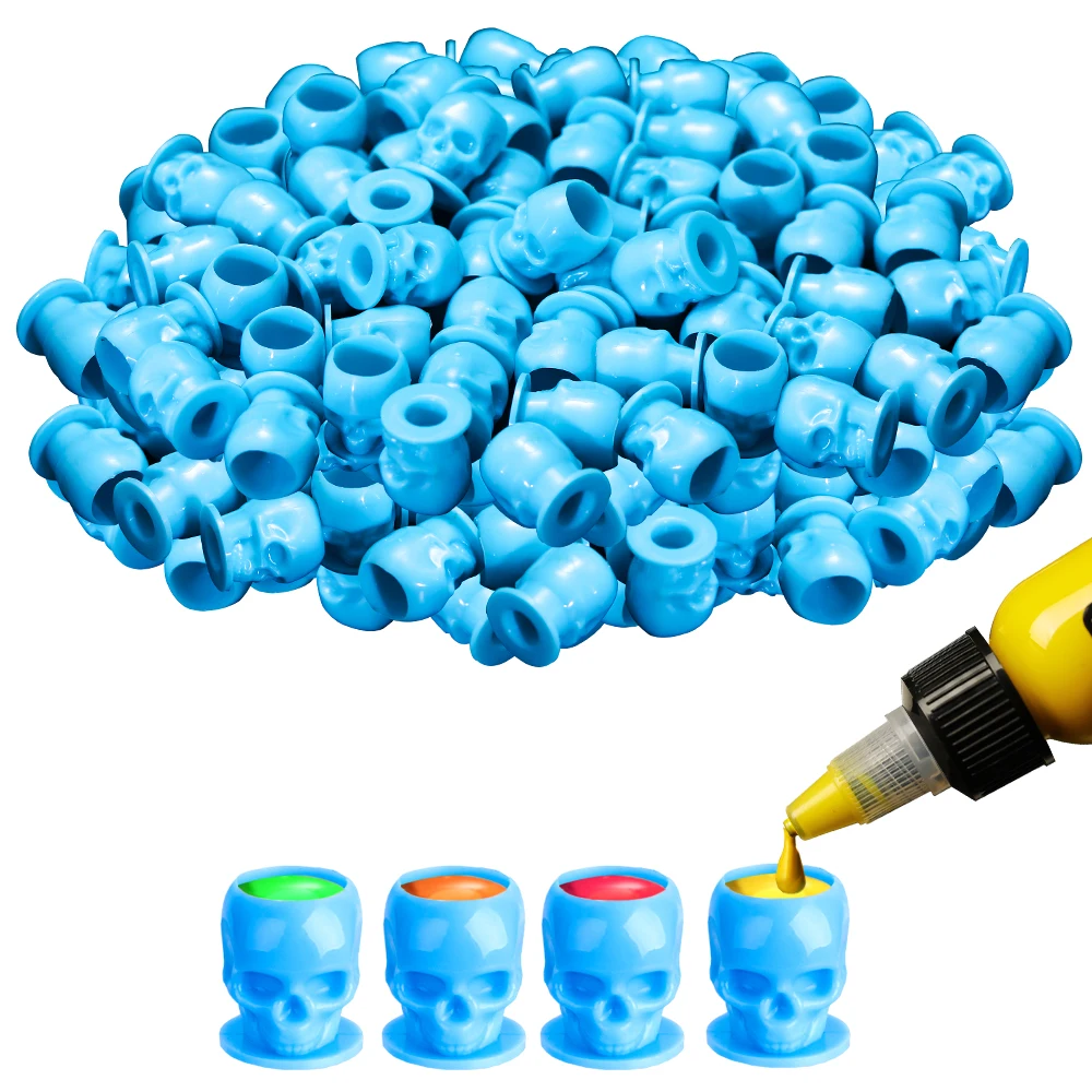 200pcs/bag Premium Plastic Disposable Ink Cap Microblading SMP Skull Tattoo Ink Cups for PMU Pigment Eyelash Glue