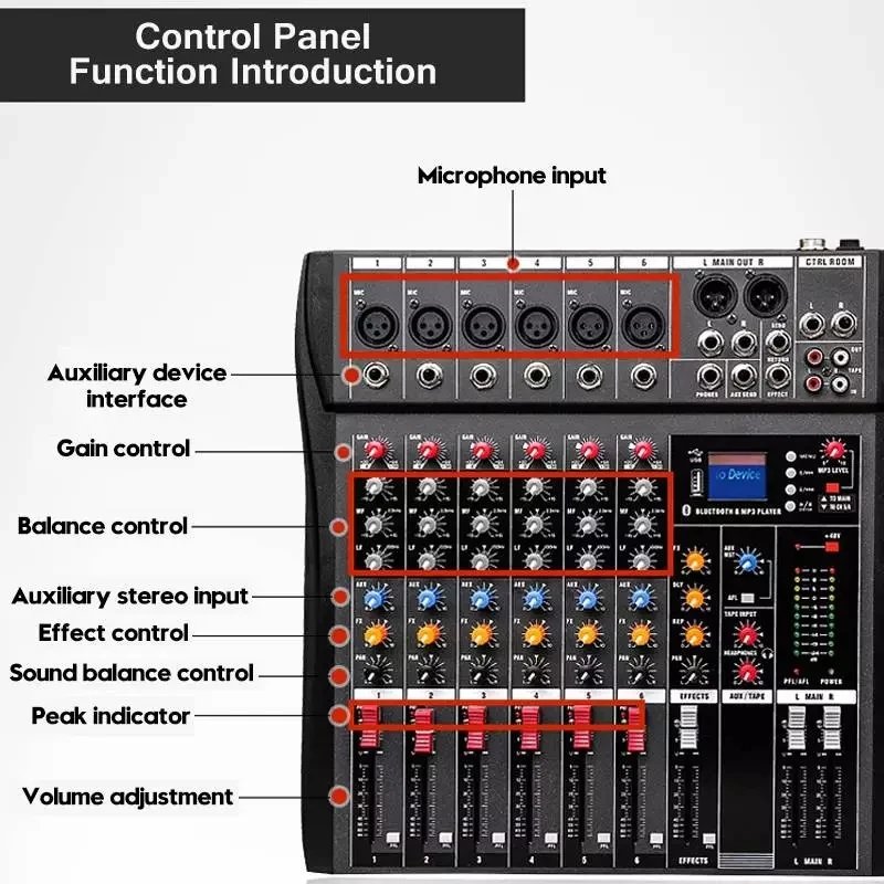 CT-60L Fashion Portable 6 Channel USB Interface Live Mini Home Party DJ Control Surface Audio Stereo Mixer
