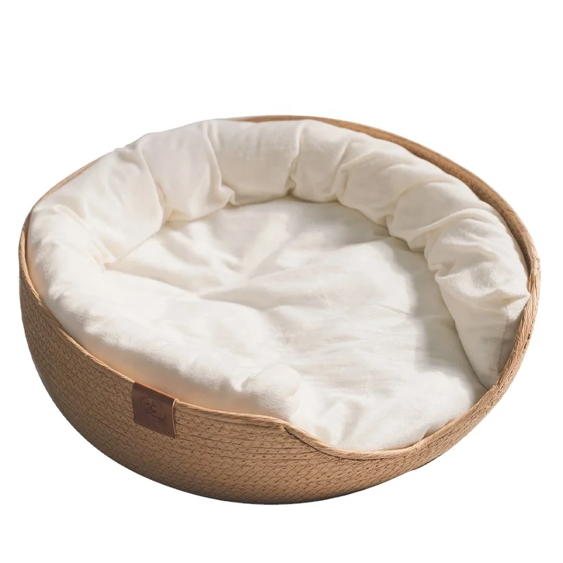 Wholesale summer cooling beige brown eco-friendly woven handcrafted indoor house decor pet couch basket cat bed with cushion