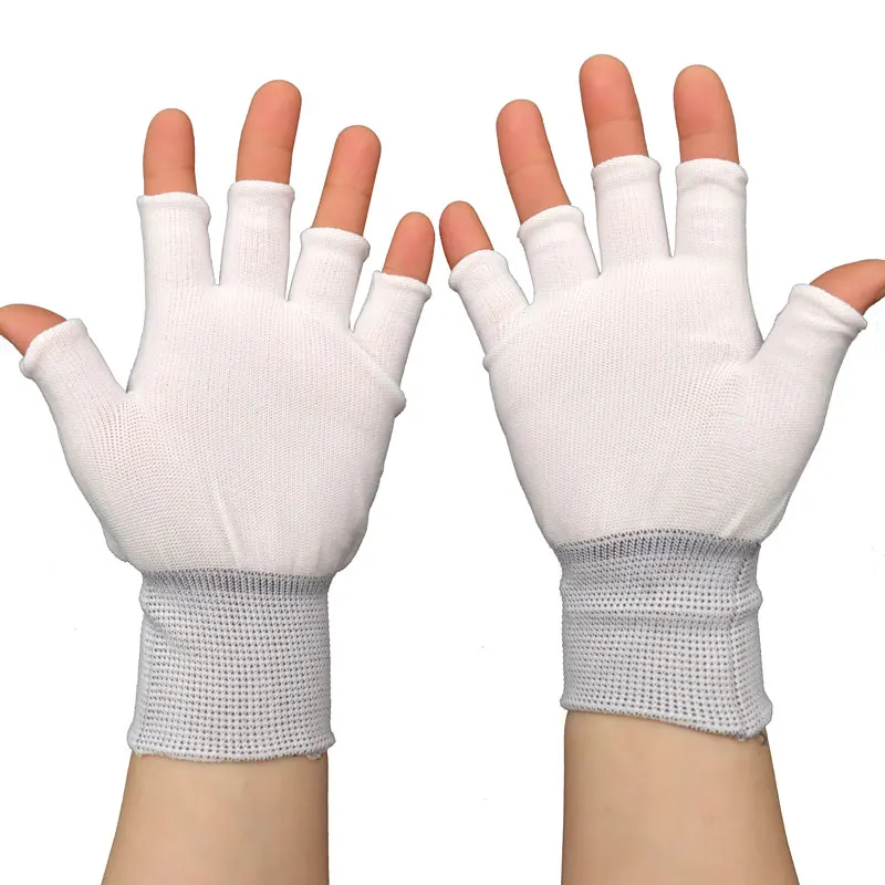Factory Hot Sale Inspection Fingerless Nylon Half Finger Guantes Polyester Hands White Working Industrial Gloves