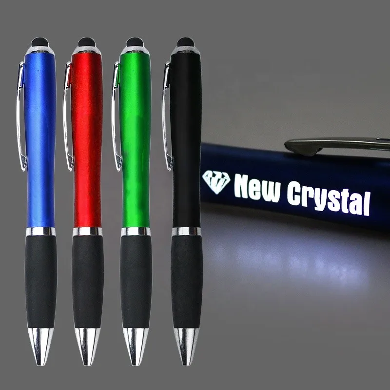 Stylo promotional pen laser enhraved logo custom led light up pens with stylus with custom light logo