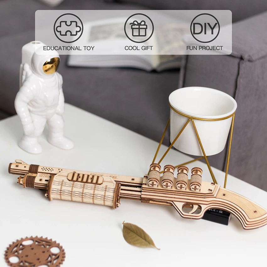 CPC Certificated Robotime Rokr Handmade Assembled Wood Crafts LQ501 Terminator M870 Gun 3D Wooden Puzzles Gifts For Kids