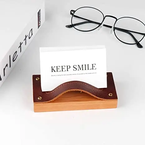 Leather Wood Business Card Holder Desktop Name Card Display Stands Wooden Card Holder Decorative