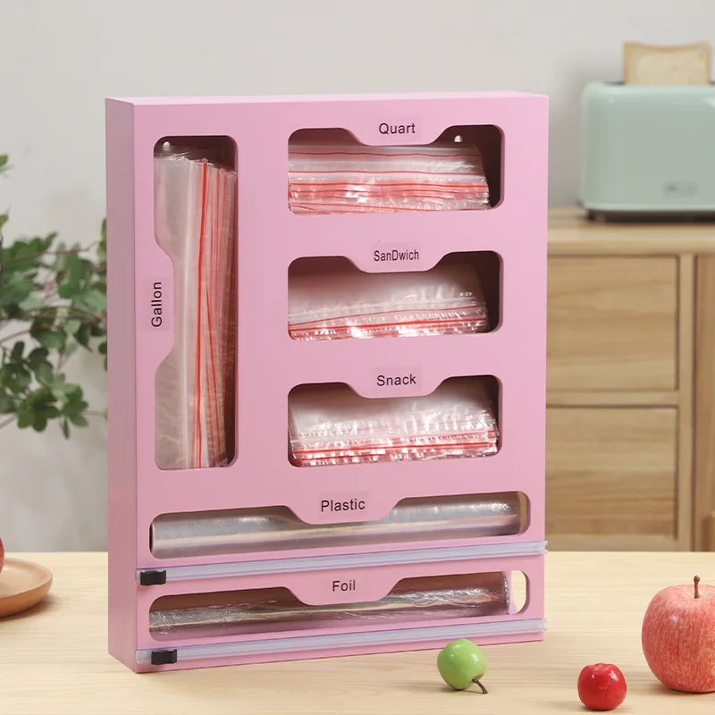 Plastic Wrap Dispenser with Cutter and Ziplock Bag organizer,9 IN 1 Bamboo Ziplock Bag Storage Organizer for Kitchen Drawer