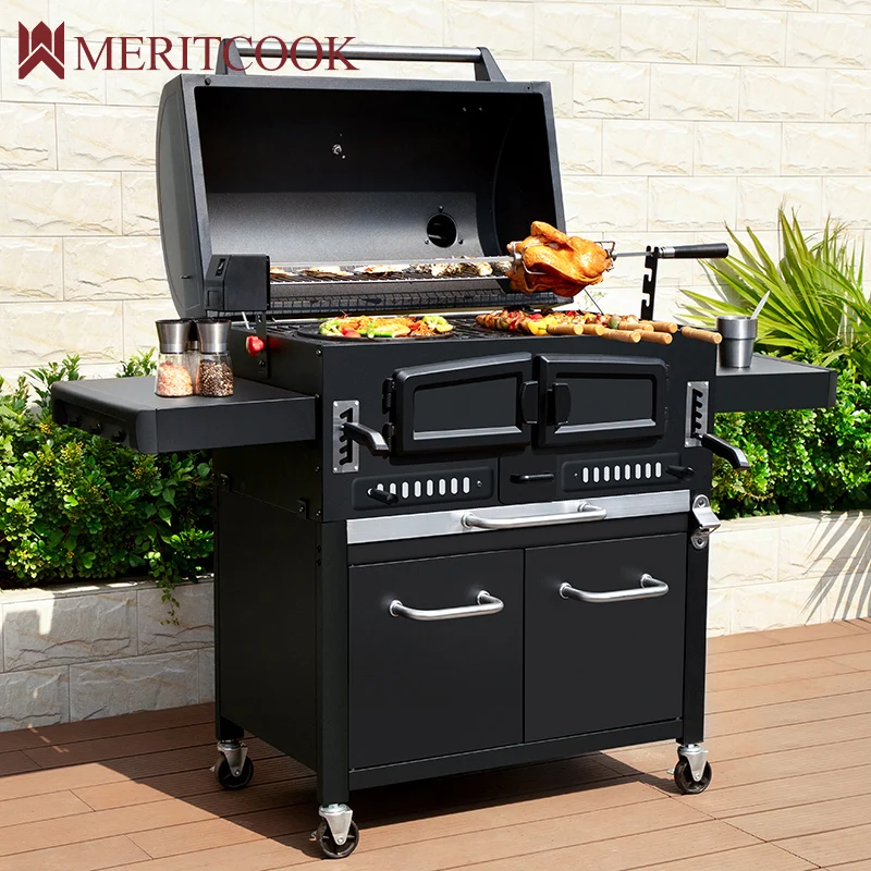 Large Outdoor Portable Charcoal BBQ Grills Heavy Duty Trolley Cast Iron Barbecue Grid Smoker Cabinet BBQ Grill with Rotisserie