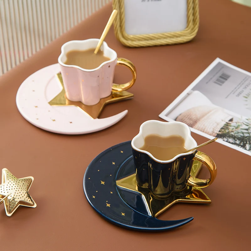 Eco Friendly Porcelain Coffee Cup Gold Decor Ceramic Tea Cups And Saucer Set